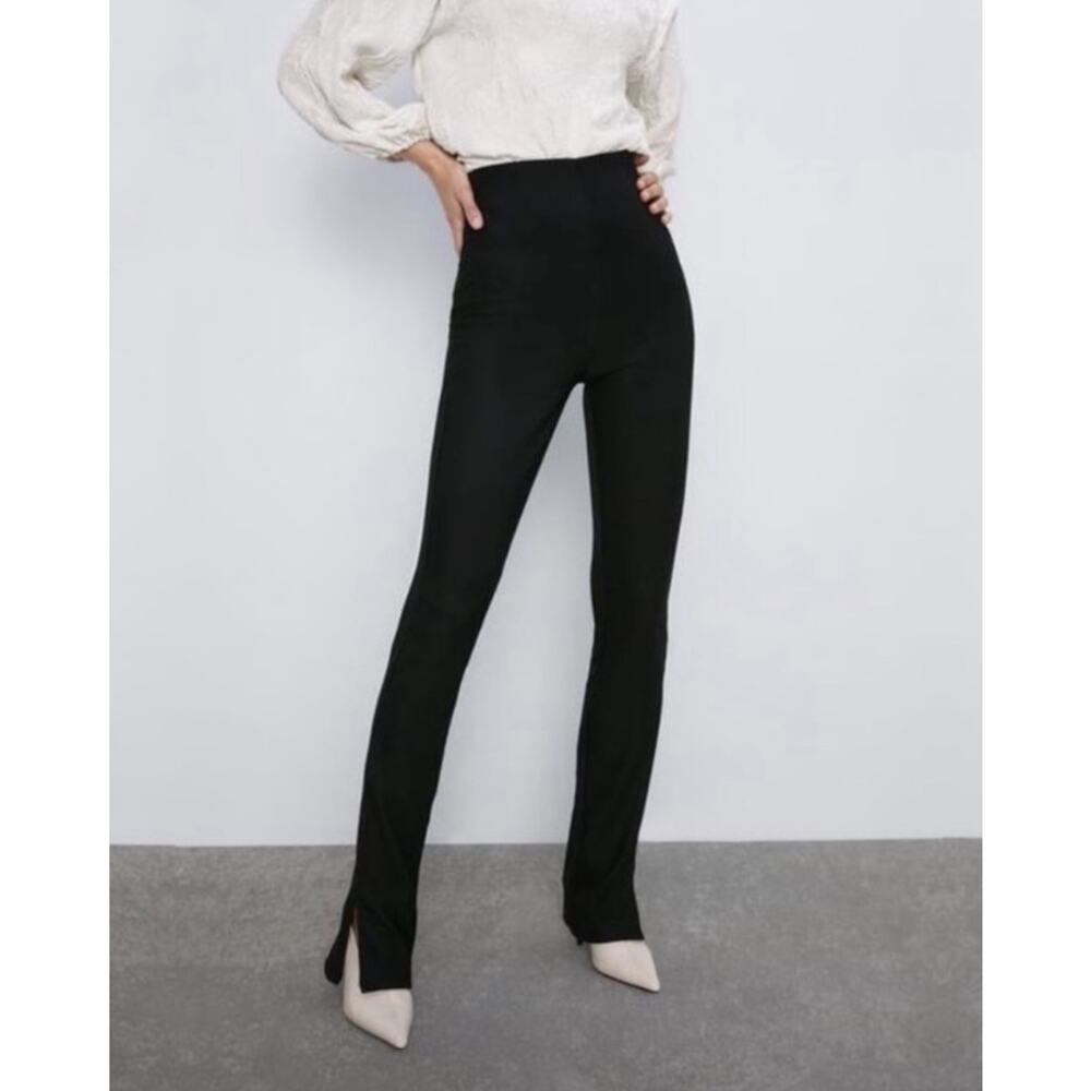 ZARA Skinny Flared Pants High Rise Ribbed Bootcut Slit Hem Black Leggings